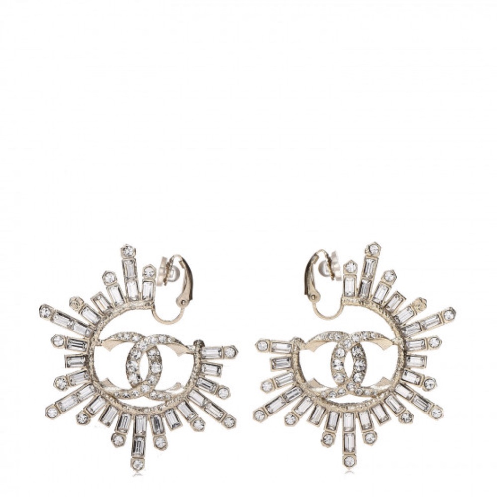 CHANEL Crystal Baguette CC Clip On Earrings Light Gold
